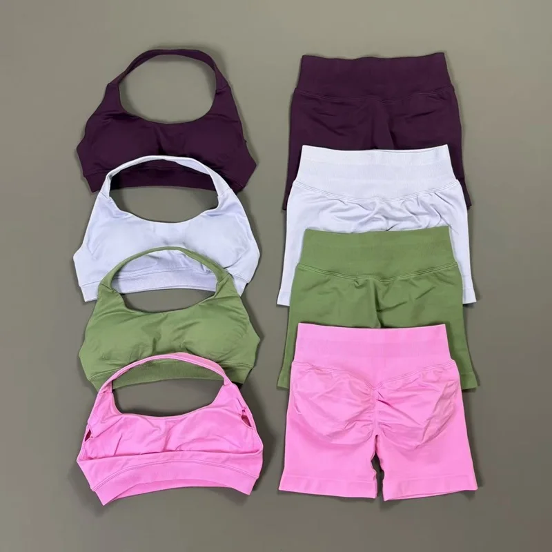 2 Piece Workout Set Women Seamless Slim Fit Breathable Scrunch Butt Shorts Suit Pilates Yoga Gym Running Sports Fitness Sets