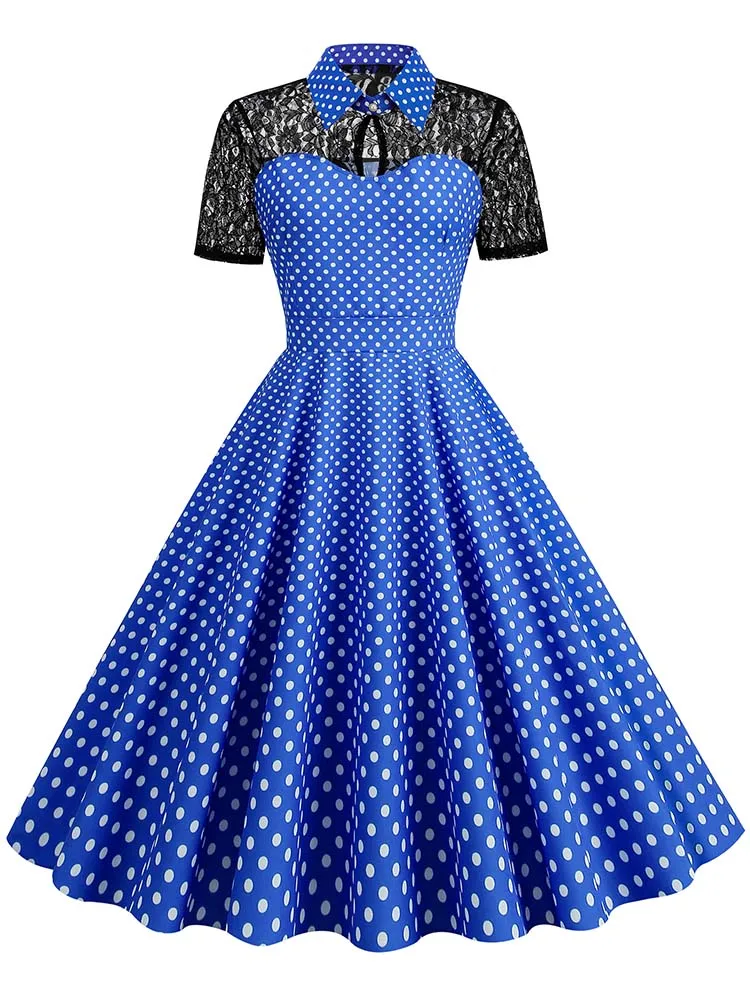 Polka Dot Lace Vintage Women Summer Dress Turn-Down Collar Short Sleeve Elegant Party Dresses