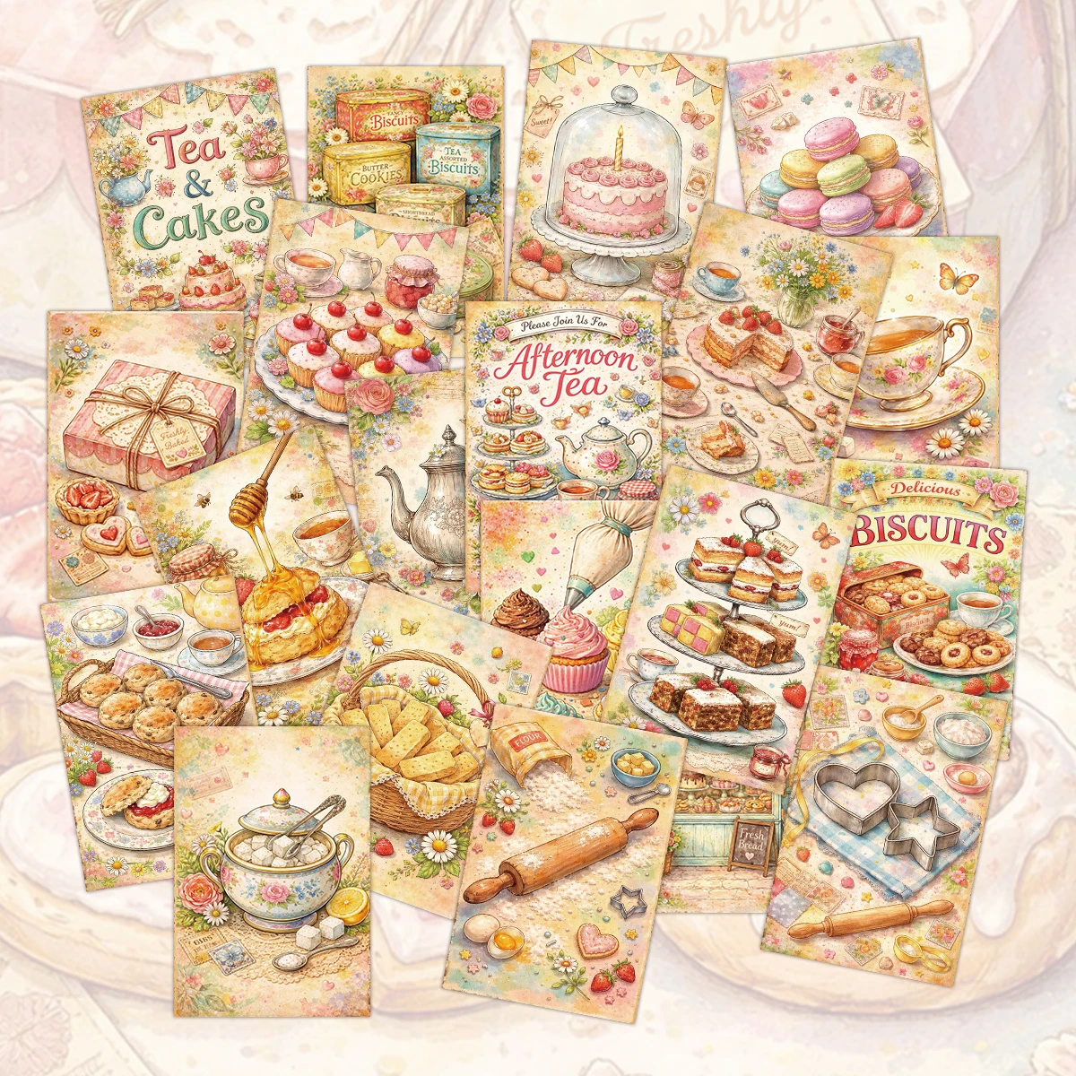 20 Stück Vintage-Postkarten mit Teeparty- und Dessertmotiven, Wanddekorationskarten mit Bäckerei-Thema, ästhetisches Journal-Zubehör, für Raumdekoration, Grußkarten