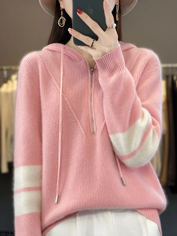 Autumn Winter Women Hoodie Collar Sweater 100% Merino Wool Half Zipper Casual Thick Pullover Cashmere Knitted Coat Fashion Tops