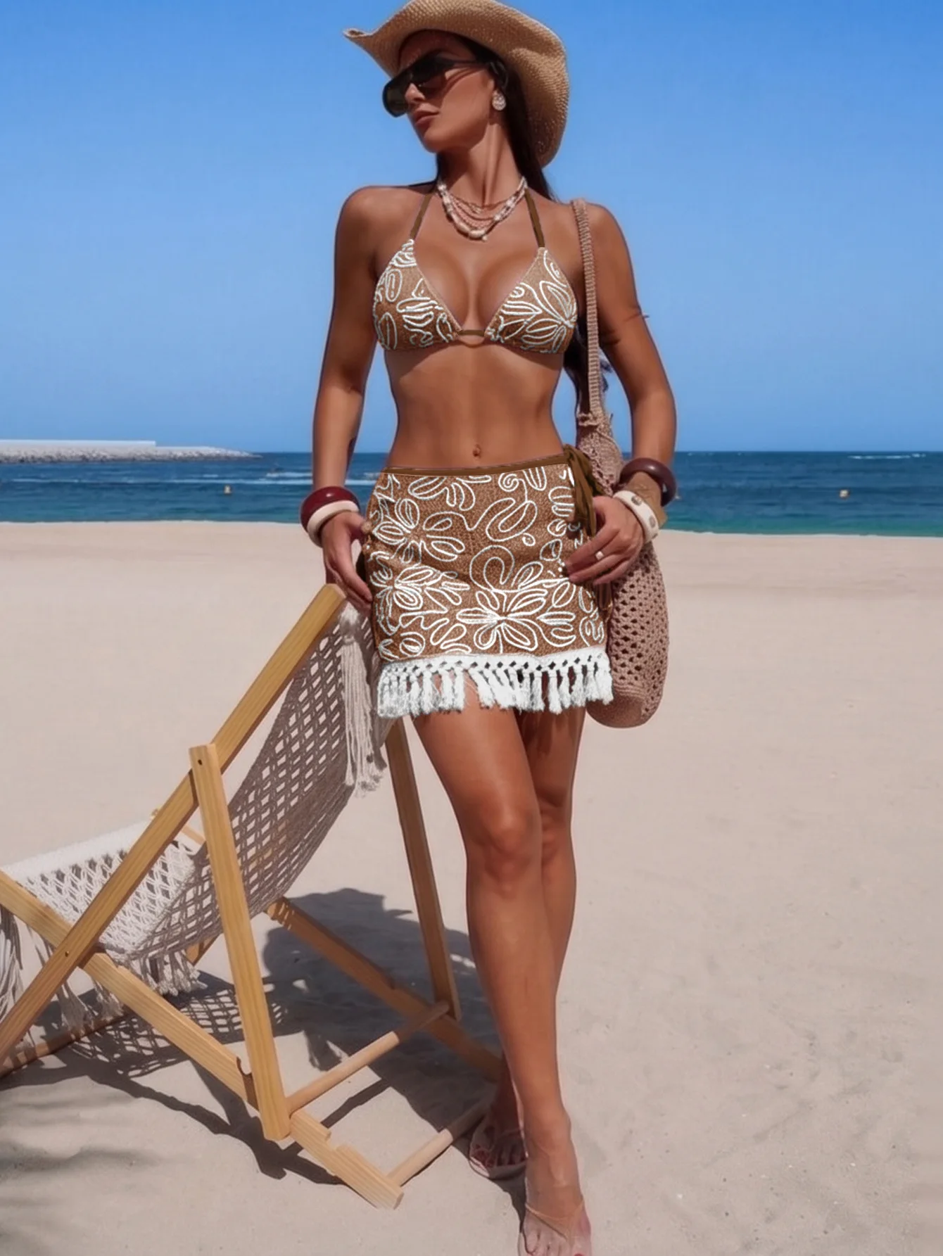 Women 3Pcs Crochet Bikini Set Halter Triangle Abstract Embroidery Fringe Hem Drawstring Mini Skirt Beach Swimwear Bathing Suit
