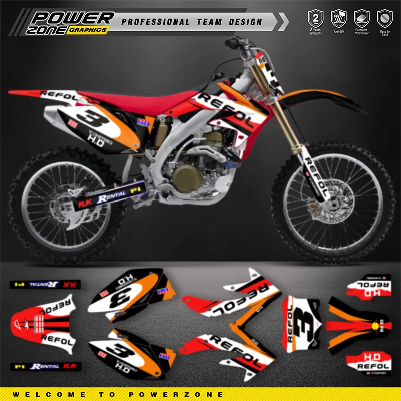 PowerZone Custom Graphics Background Decals Stickers Kits For HONDA CRF450 2005 2006 2007 2008 Motocycle Name Number Custom