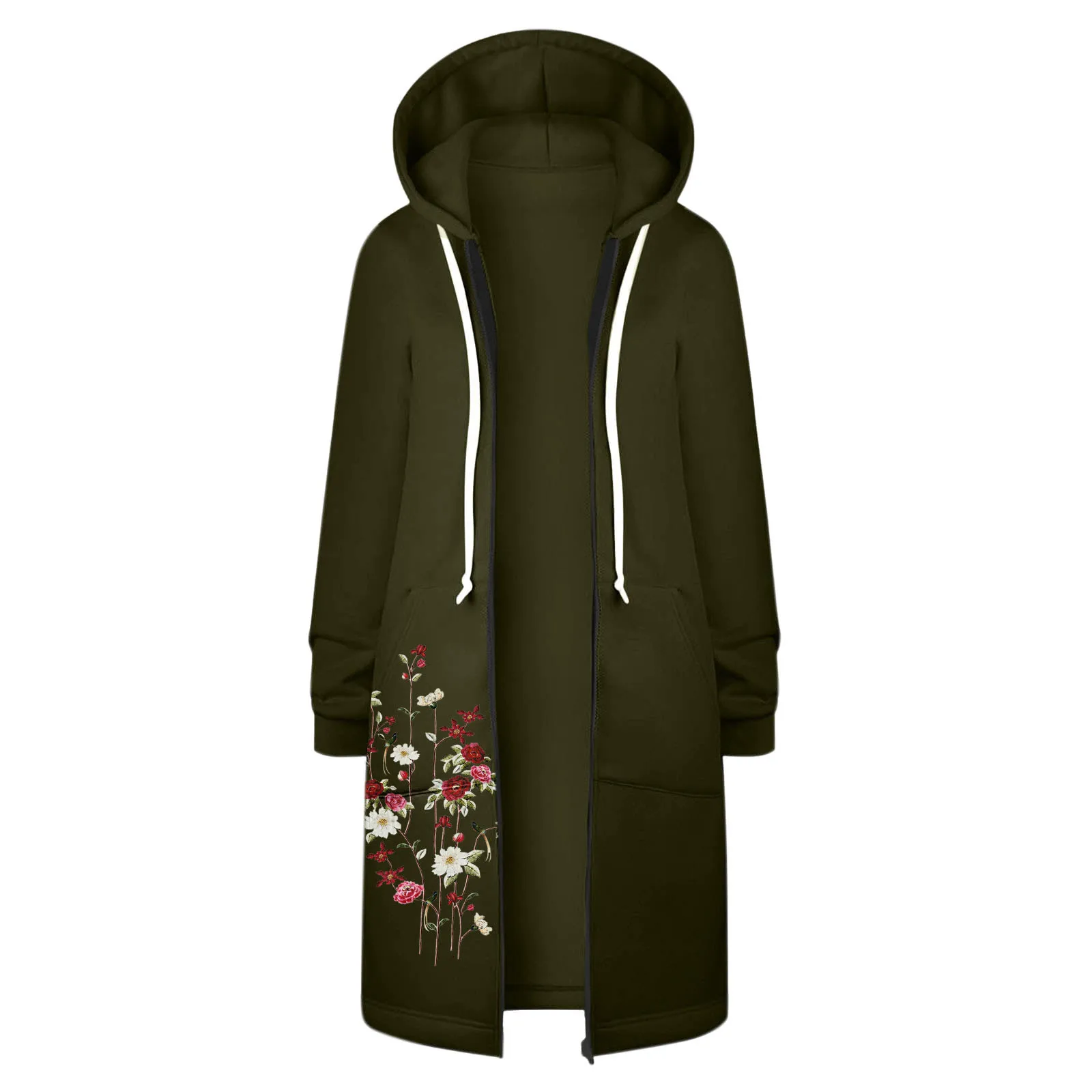 Floral Print Women Long Hoodies Jacket Oversize Loose Casual Long Sleeve Zipper Hoodie Coats Pocket Harajuku Street Sweatshirts