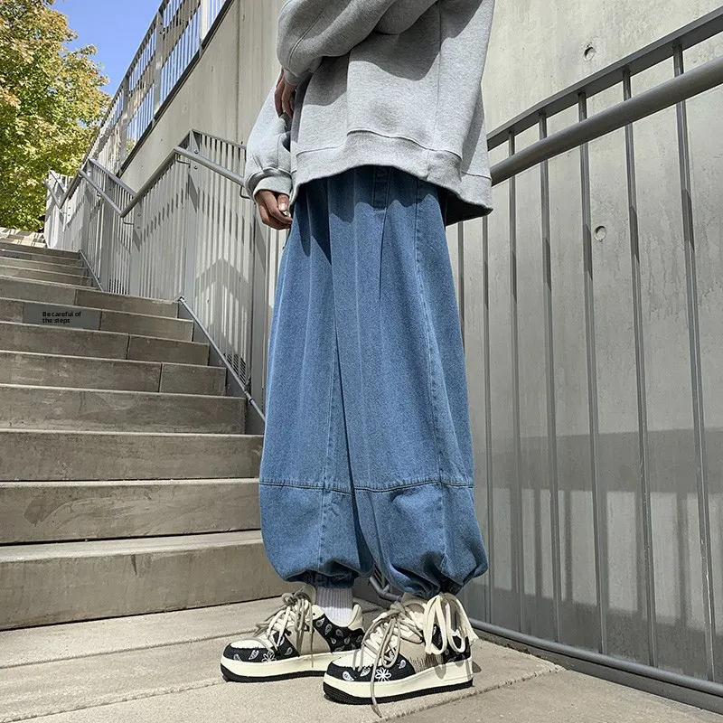 

Loose Fit Wide Leg Casual Pants Men's Trendy Brand Big Size Loose Waist Elastic Dstring Trousers Japanese Sle Jeans