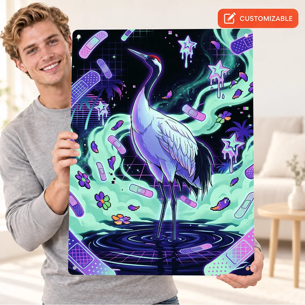 Neon Vaporwave Red-Crowned Crane Aluminum Poster Retro Bold Design Home Office Wall Art Customized Metal Sign Gift For Friends
