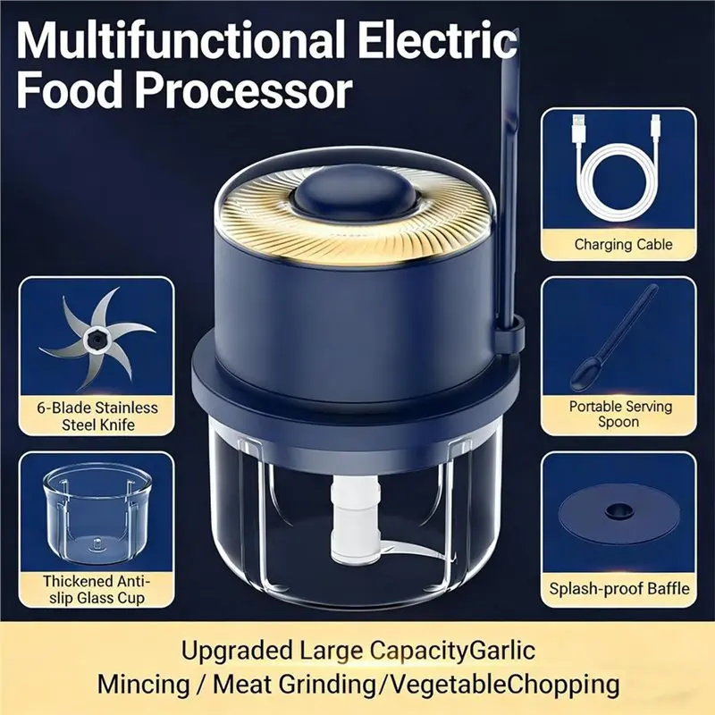 YCOC-Portable Wireless Electric Chopper 6-Blade, Large Glass Cup Easy-Clean, Food Processor For Garlic, Meat, Ginger