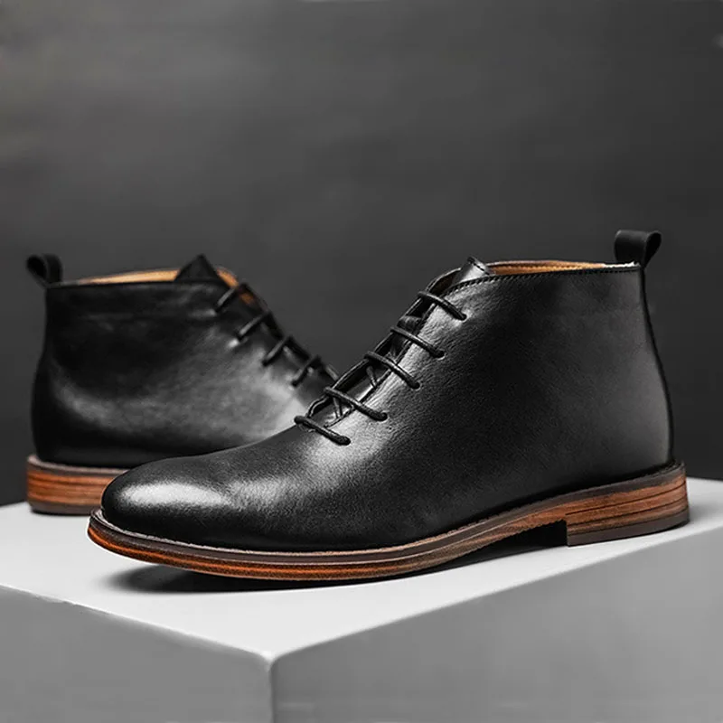 Ankle Boots For Men High Quality Genuine Leather Shoes Elegant Lace Up Business Office Footwear High Top Dress Shoes