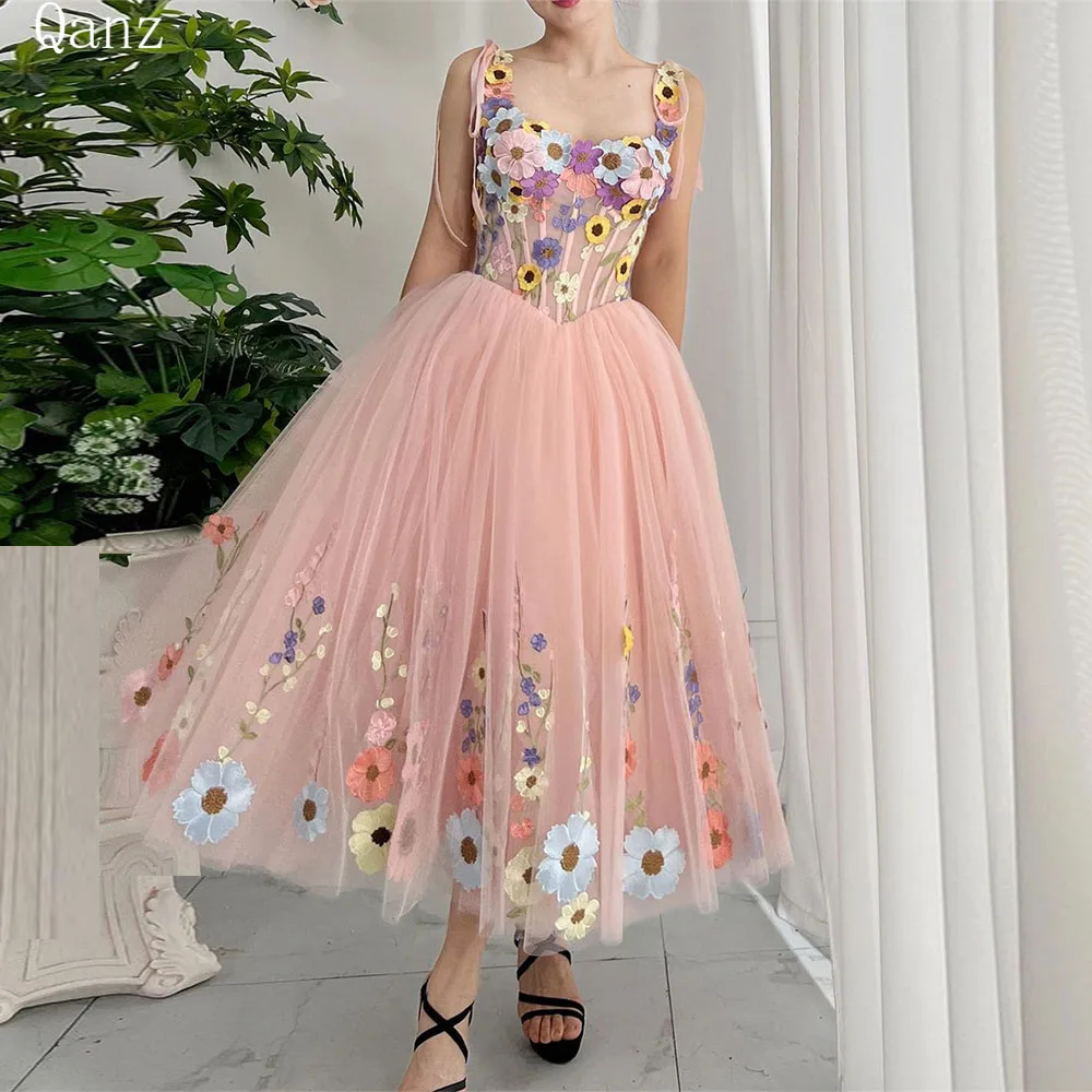 

Qanz Fairy Pink Evening Dresses Spaghetti Straps Tulle Party Dress 3D Flowers Tea Length A Line Birthday Dress For Women Luxury