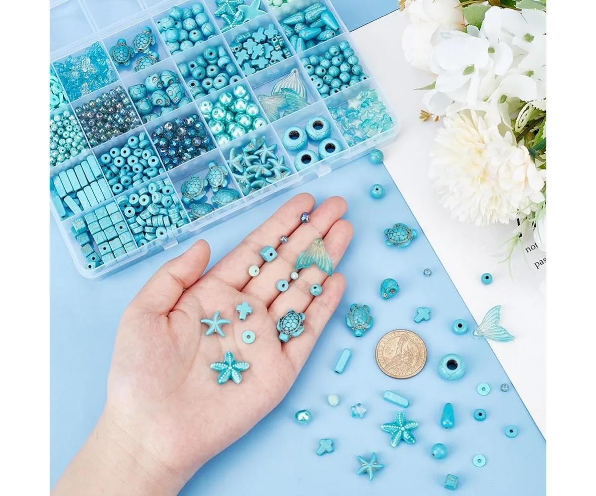 1071pcs Turquoise Beads 24 Styles Starfish Tortoise Gemstone Blue Glass Heishi Beads Summer Beach