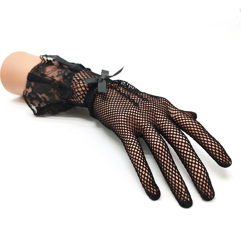 Schwarze Netzhandschuhe mit Rüschenbesatz – Gothic-viktorianischer Stil, sexy Dessous-Accessoire, Halloween-Kostüm, Burlesque, Steampun