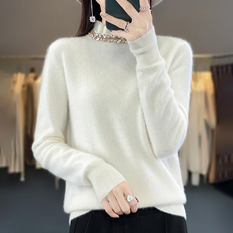 23Fall Winter New Woolen Sweater Women\'s Fungus Collar Long Sleeve Pullover 100% Pure Wool Loose-Fitting Diamond Bottoming Shirt