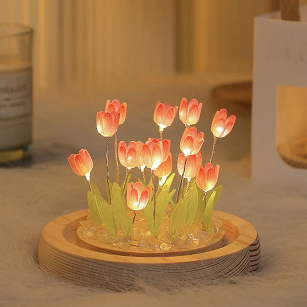 LED Nightlight DIY Material 10PCS Beautiful Tulip Flowers Nightlight Wooden Base And Dome Glass Handmade Gift Battery Operated