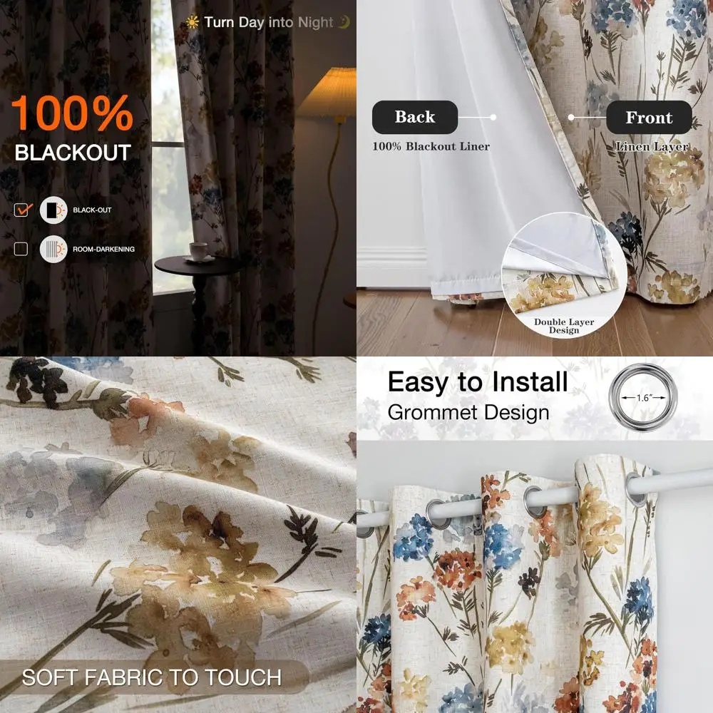 

Льняные шторы с цветочным узором, 102 дюйма в длину, 2 панели, утепленные, в стиле фермерского дома, желтые, каждая панель шириной 52 дюйма