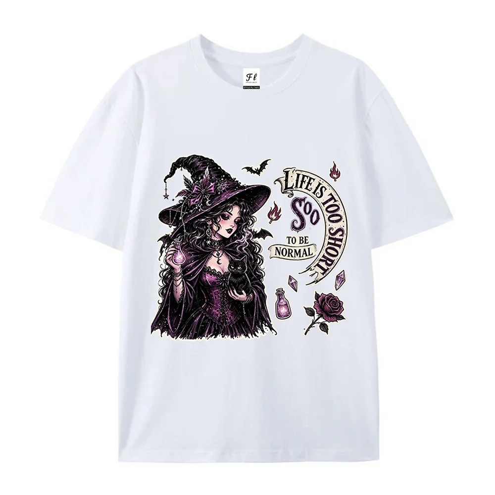 Gothic Witch Tee Life Is Too Short To Be Normal Black Cat Rose Bat Oversized Unisex Witchy Halloween Streetwear Short Sleeve Top
