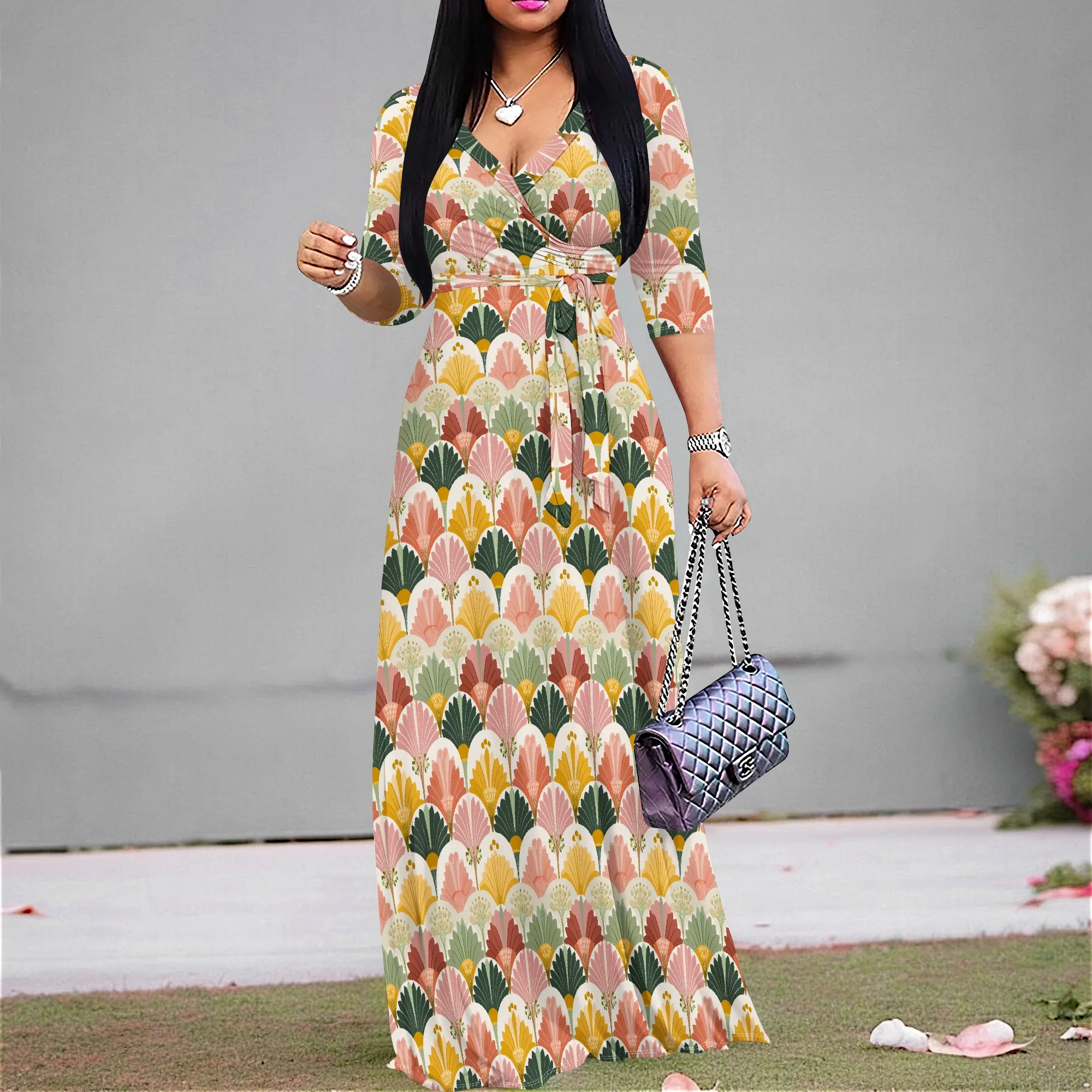 

Geometric Fan Print Maxi Dress for Women V Neck S-3XL Vintage Casual Look for Office or Daily Wear