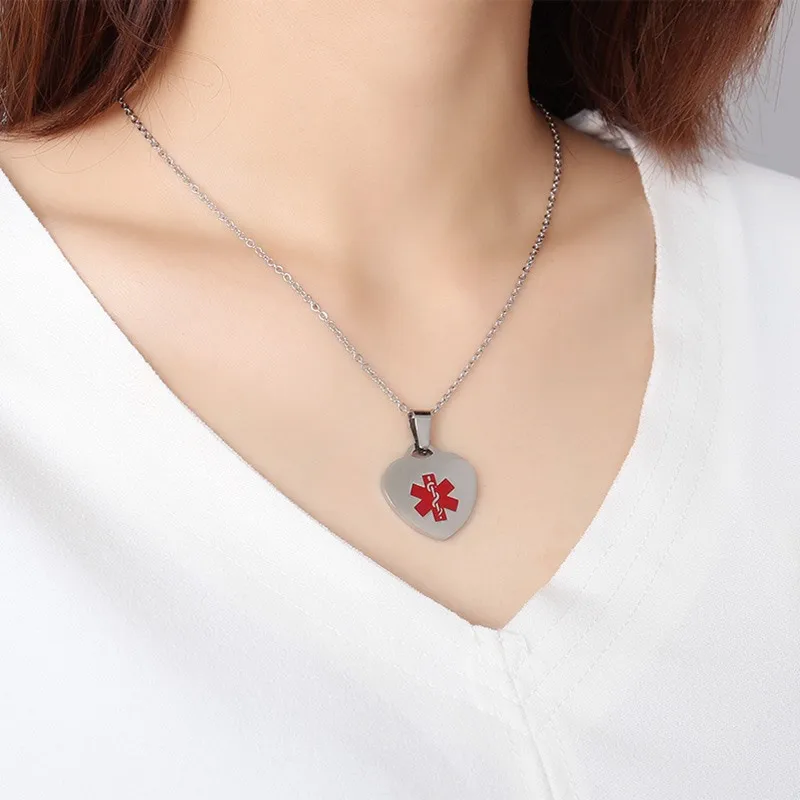 Vnox Custom Engrave Heart Shape Medical Alert ID Pendant Necklaces for Women 20 Inches Chain