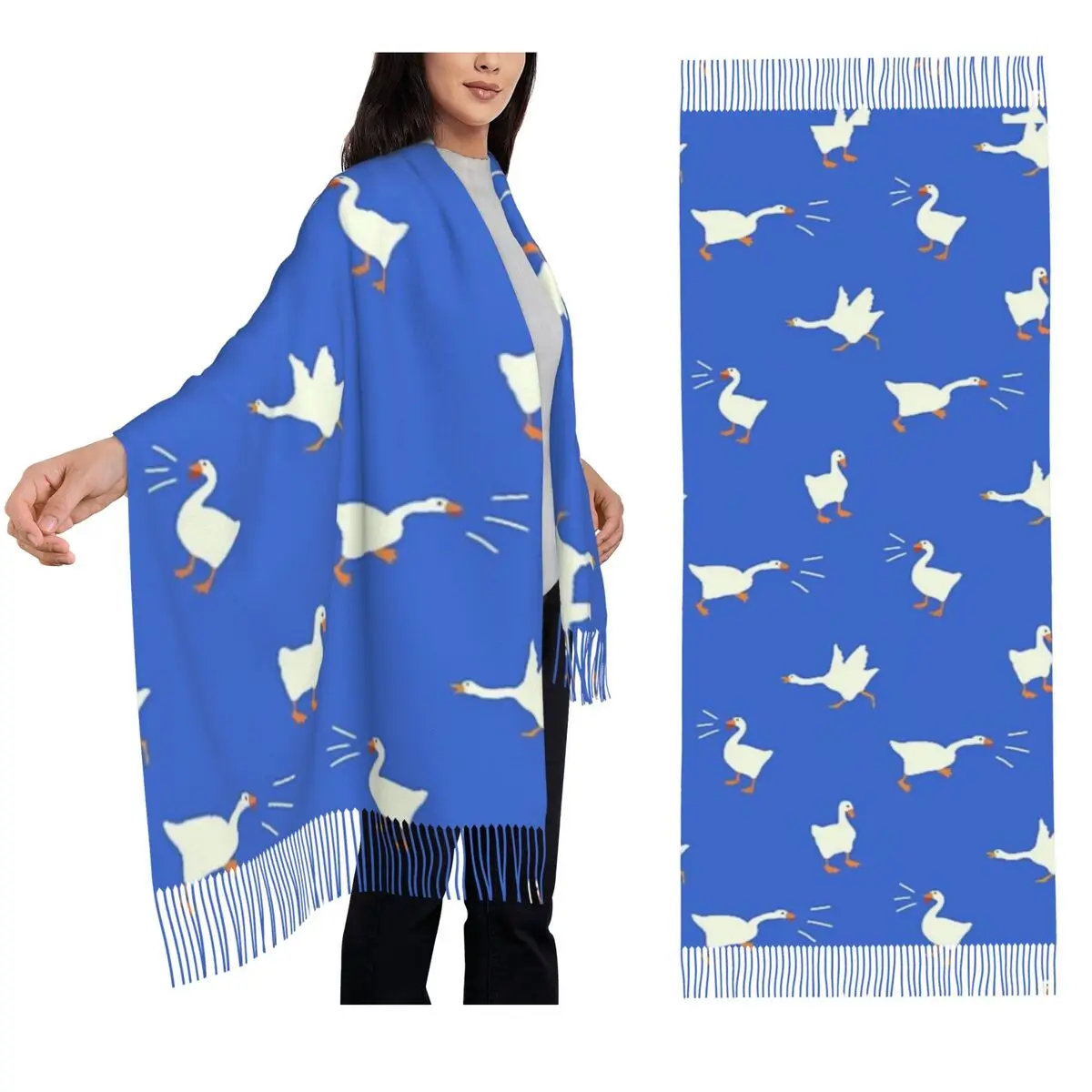 Untitled Goose Game - Blue Scarf Tassel Scarves Women Soft Warm Shawls and Wraps Long Fall Winter Shawl Wrap