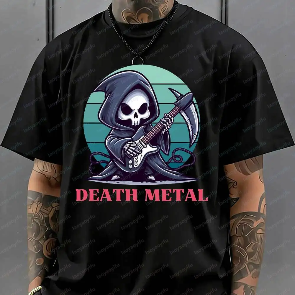 Men's Funny Death Metal Grim Reaper Guitar T-Shirt Retro Sunset Rock Graphic Print Cotton Short Sleeve Music Lover Novelty Tops
