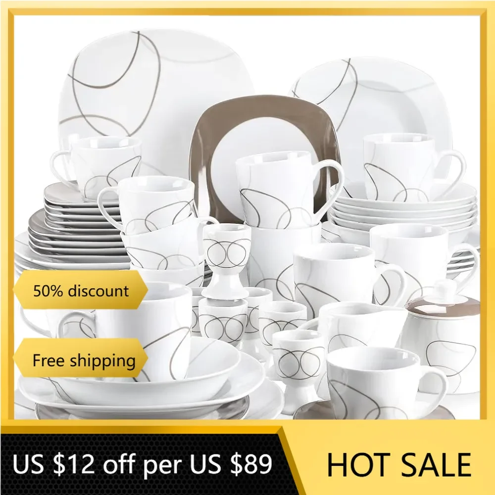 

50-Piece Dinnerware Sets for 6 Complete Tableware Including Porcelain Plates Sets Dish Mugs Egg Cups Cup and Saucer Set