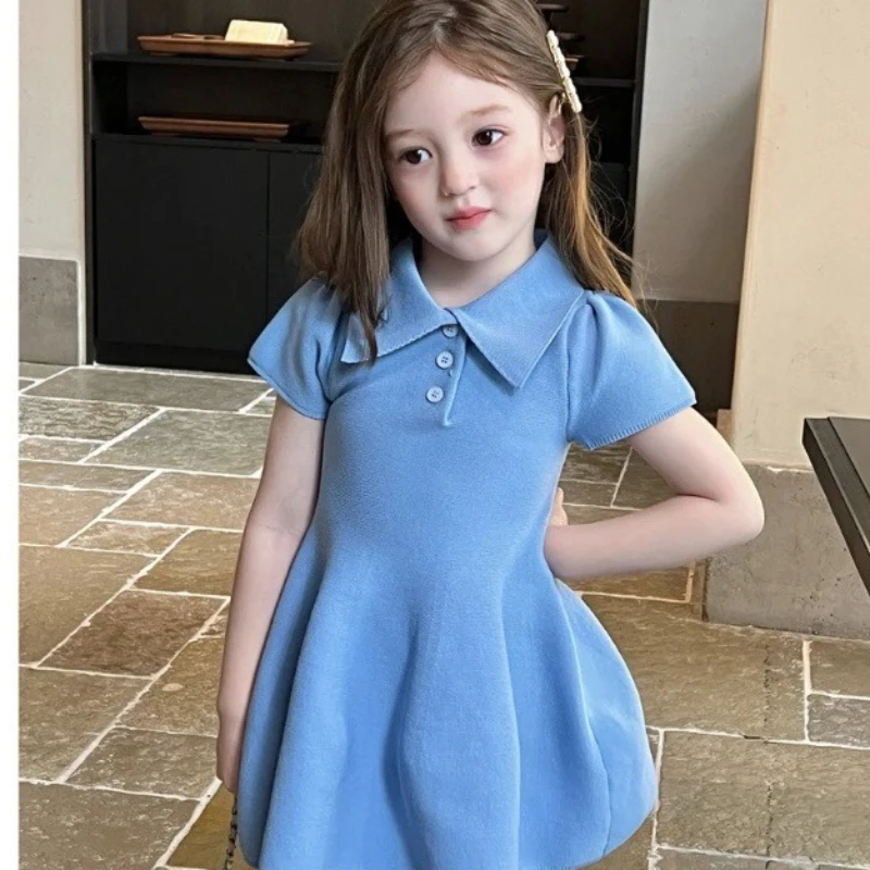 

2025 Summer New Girls' College Style Solid Color Waist Cinched POLO Collar Bubble Sleeve Dress