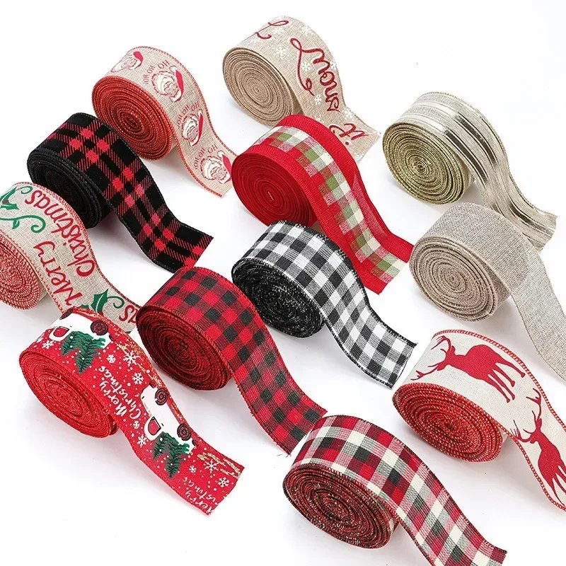 5m Christmas DIY Fabric Ribbon Burlap Ribbon With Wired Edge Gift Wrapping Christmas Tree Decor Ribbon DIY Wreath Bows Crafts