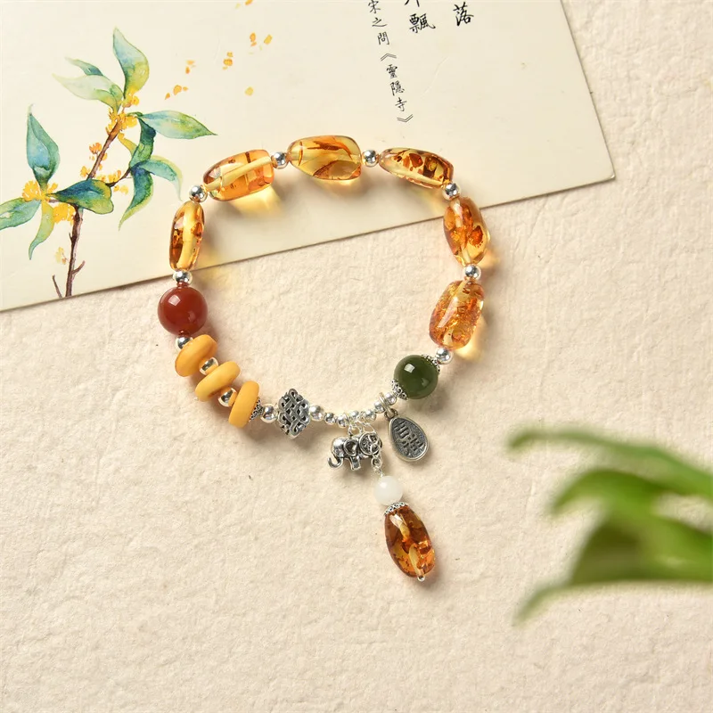 

Ethnic Natural Amber Jade Single Loop Bracelets Vintage 925 Sterling Silver Lucky Elephant Charms Bracelet for Women SL053