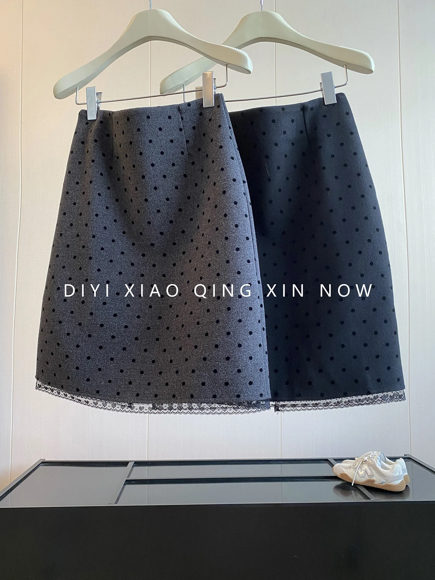 Retro Tweed Polka Dot Half Skirt Women's Autumn Winter New Style Slim High Waist Lace Splicing Bodycon A-Line Skirt
