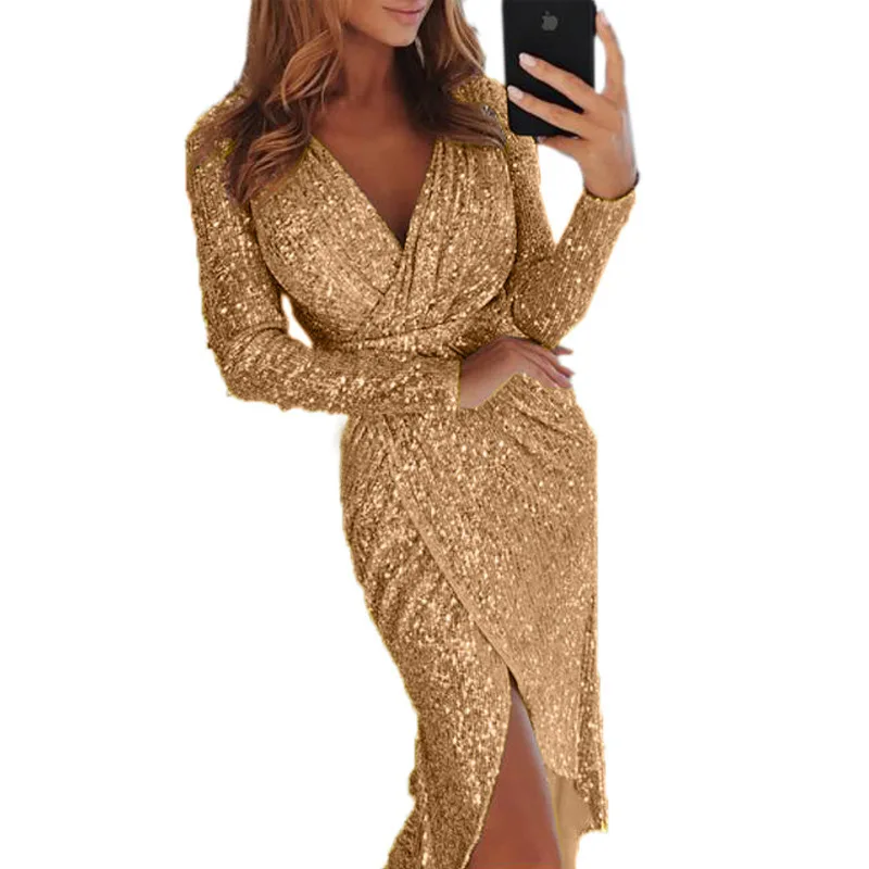 Hot Women Clothes Bodycon Dresses New Ladies Bronzing Long-sleeved V-neck Bright Sparkling Vestidos Dinner Sexy Dress TL34