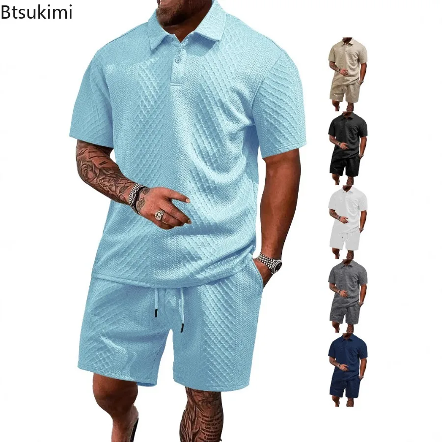 

2025 New Men's Jacquard Texture Sets Summer Solid Polo Shirt Sports Casual Suit Men's Tracksuit Short Sleeve Shorts 2-piece Sets