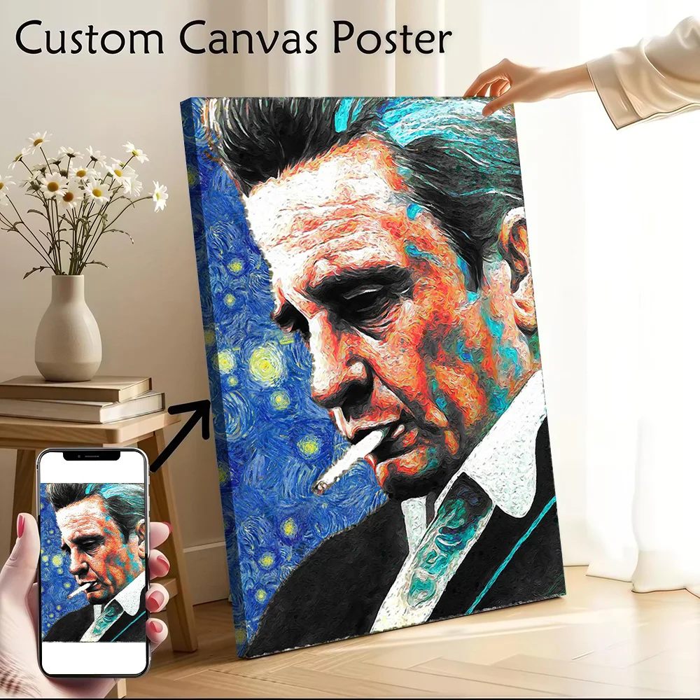 Johnny Cash Van Gogh Style Portrait Printed Canvas Wall Art Customizable Paintings Poster Perfect Gift for Man's Room Decoration