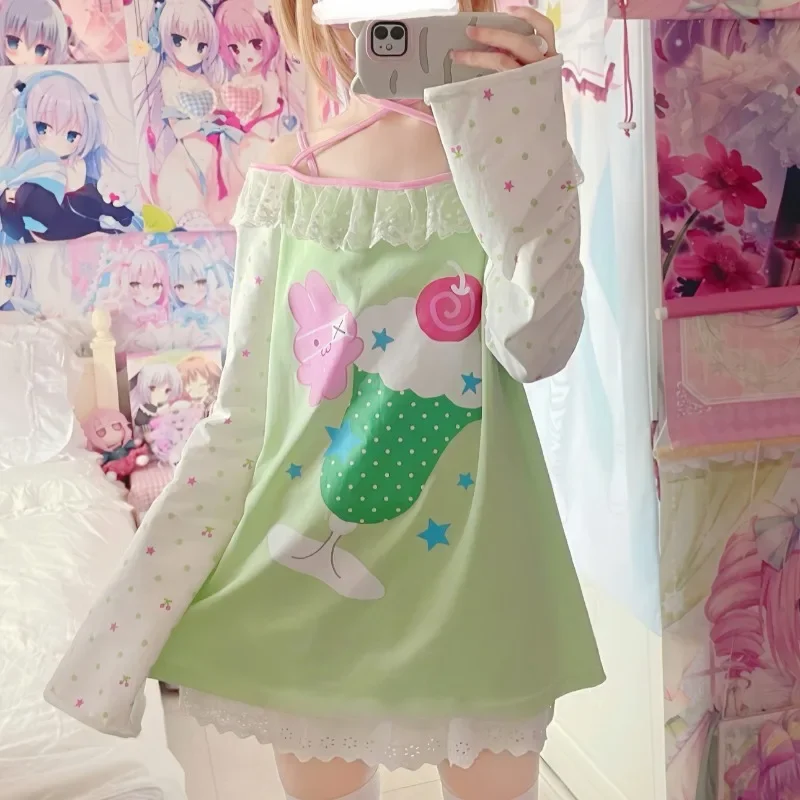 Słodka koszulka damska z nadrukiem kreskówkowym Kawaii Luźna koszulka damska w kontrastowym kolorze Japońska koszulka Y2k Estetyczne koszulki Topy