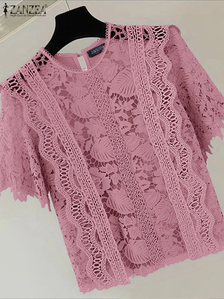 

ZANZEA Summer Lace Blouse Women Short Sleeve Tunic Elegant Tops 2025 Fashion Casual Patchwork Solid Office Lady Korean Shirts