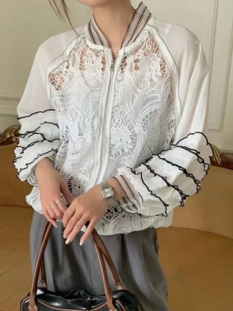 

UOOZEE Womens Fashion Jacquard Hollow Out Zipper Jackets Long Sleeves Loose Stand Collar Casual Trendy Spring Thin Outerwears