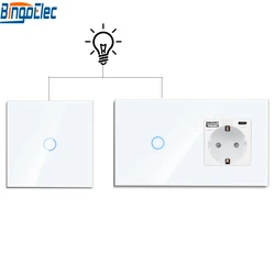 Bingoelec 2 Way Stair Light with USB Socktet 1/2/3gang Touch Light Switches EU Standard Wall Sockets Glass Panel