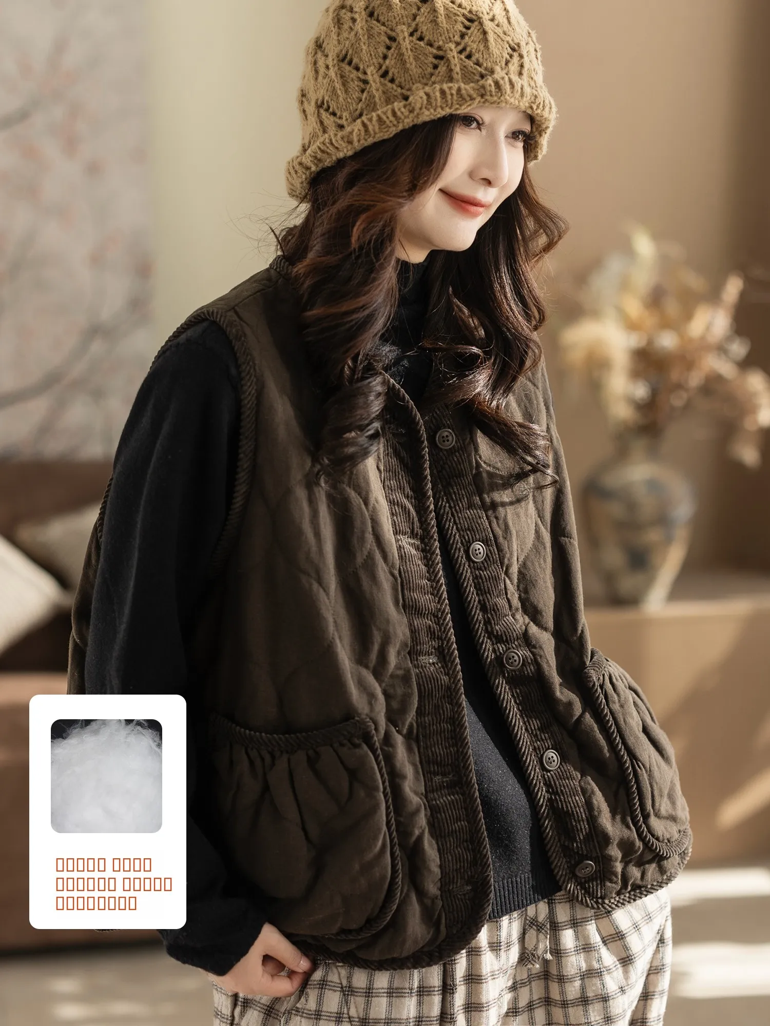 

Женский хлопковый жилет Kyu с перьями, винтажный, утепленный, верхняя одежда, куртка с V-образным вырезом на пуговицах, осень-зима, новинка