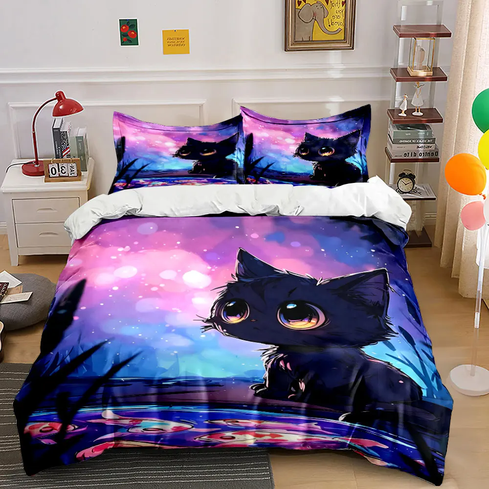 Black cat gazes by koi pond. Printed Duvet Cover Set 1 Duvet Cover+2 Pillowcase Multi Size Bedroom Bedding Decoration