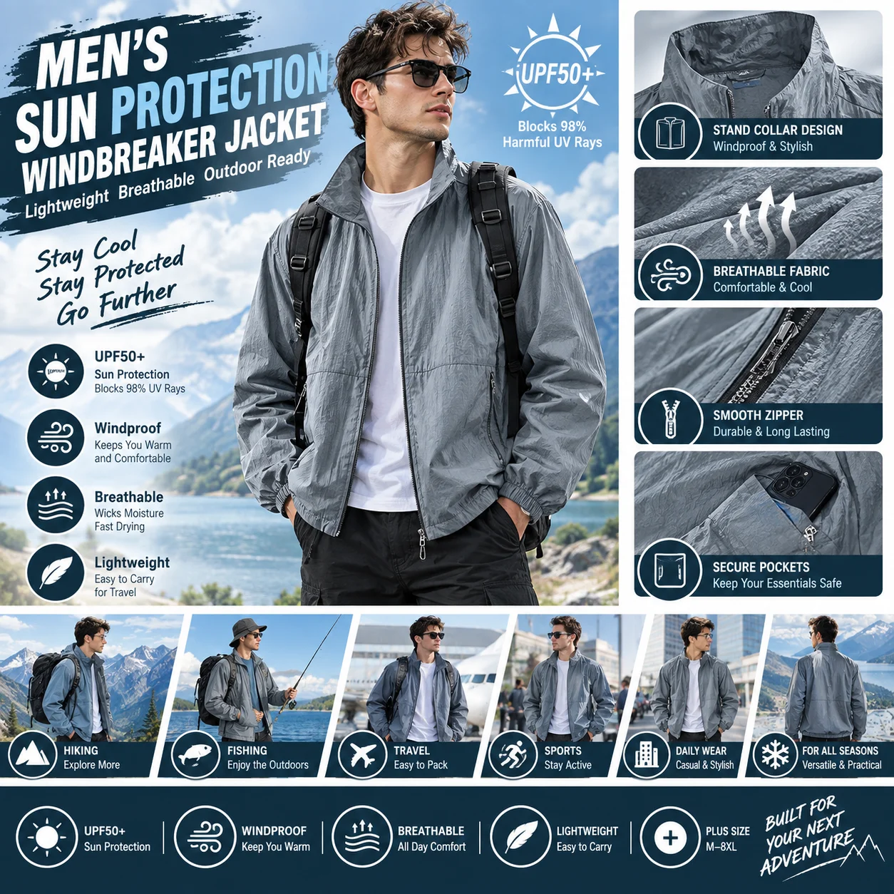 Men UPF50 Sun Protection windbreaker Jacket Summer UV Proof Breathable Fishing Shirt Ice Silk Quick Dry Outdoor Plus Size M 8XL