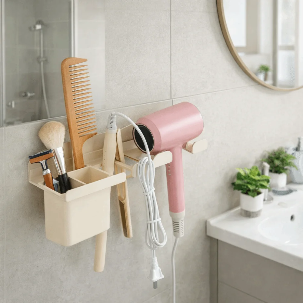 Carbon Steel Hair Dryer Holder Wall Mounted Waterproof Straightener Storage Rack Space Saving Curling Iron Shelf Dormitory - view 5