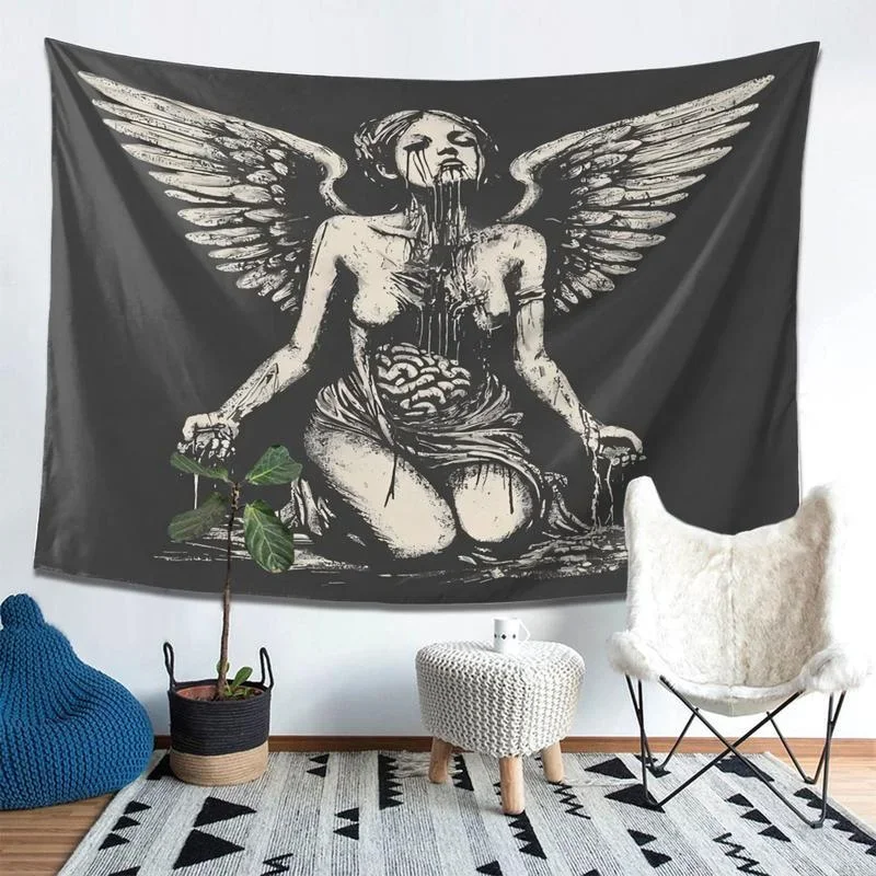 Gothic Fallen Angel Tapestry Black White Strange Art Tapestry Bedroom Living Room Dormitory Home Decoration