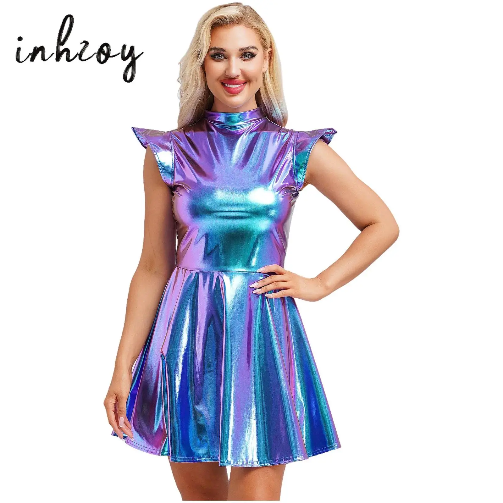 

Women Holography Metallic Dress Mock Neck Cap Sleeve High Waist A-line Dress Halloween Cosplay Party Dress Fashion Clubwear