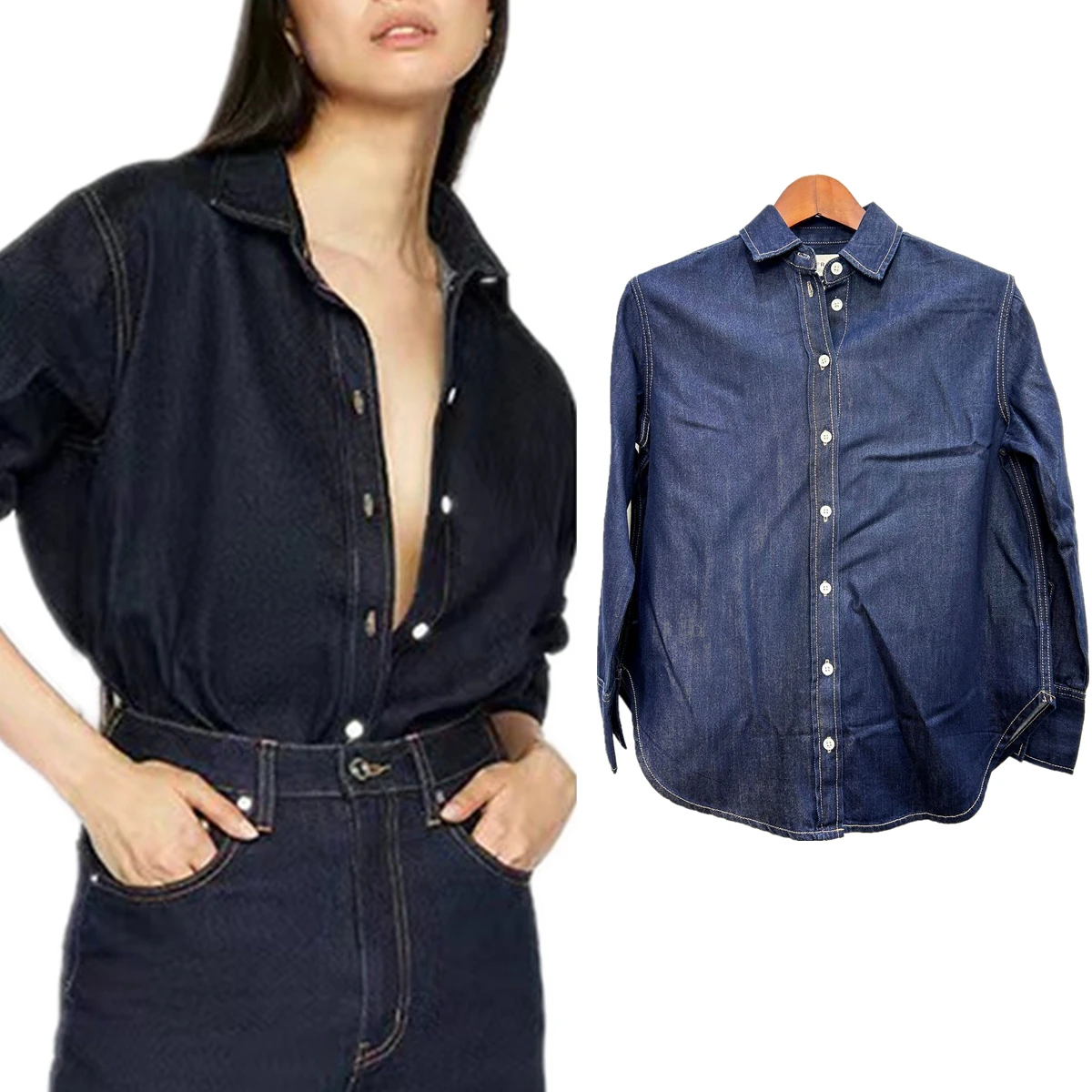 

Минималистичная летняя блузка Maxdutti, женские блузки и рубашки, женская одежда, женская рубашка темно-синего цвета, рубашка из смеси хлопка и лиоцелла