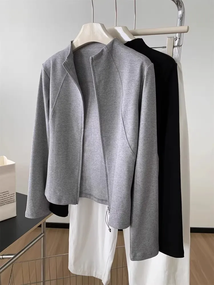 

Slim Fit Long Sleeve T-Shirt Women's Autumn Winter Design Double Zipper Stand Collar Cardigan Style Top Quality Polyester Cotton