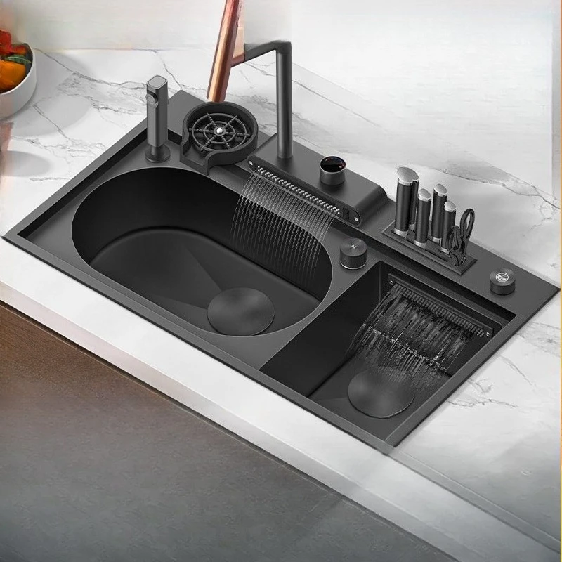 

Handmade large sink kitchen black 304 stainless steel large double slot oval slot Piaoyu waterfall vegetable basin