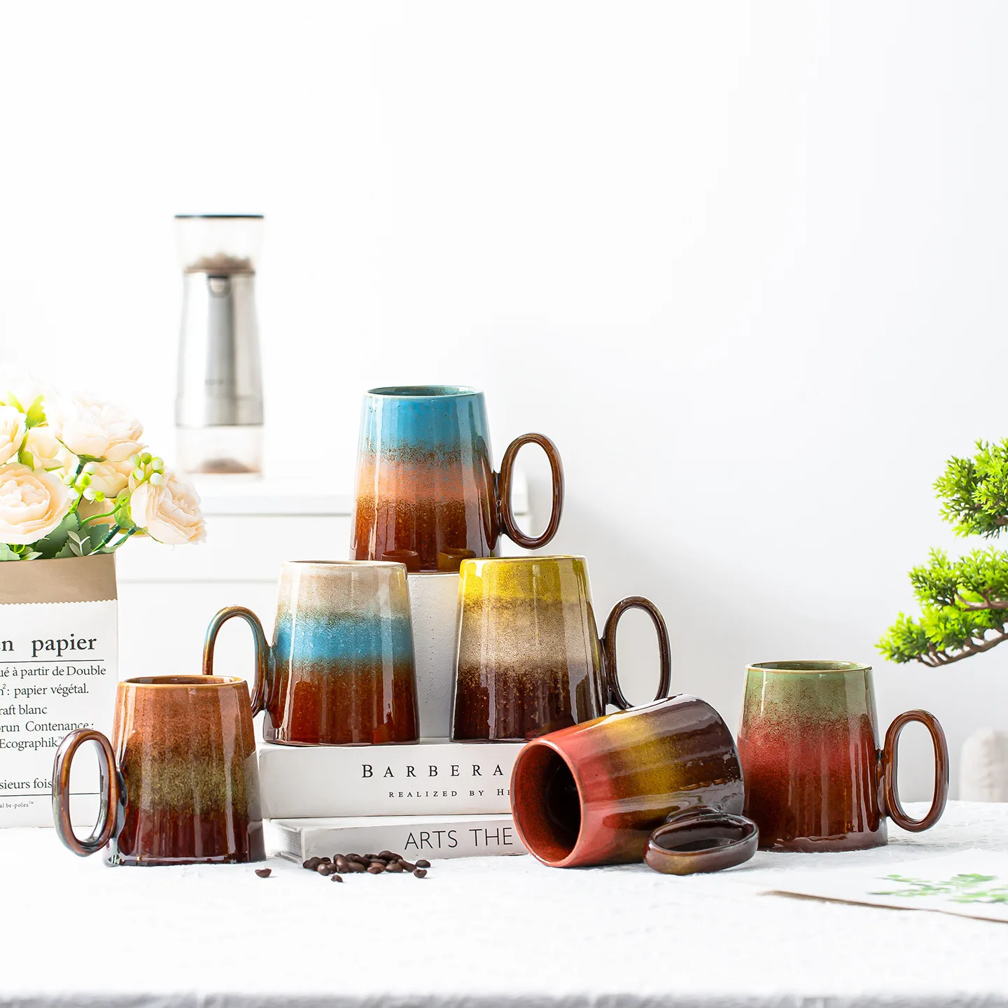 430ml Ceramic Mug Kiln Transformation Splicing Color Design Large Capacity Water Cup Middle Eastern Style Coffee Milk Retro Mugs