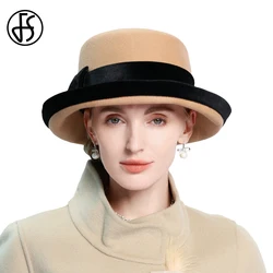 FS Elegant Camel Flat Top Hats For Women Casual Simple Curl Brim Bucket Caps Ladies Winter 100% Wool Felt Fedoras Female