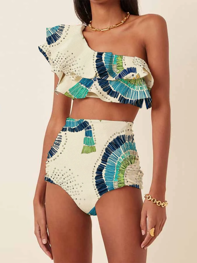 Women's Swimwear One-Shoulder Bikini Set Two Piece Swimsuit Embroidered Printed Biquini Ruffled Beachwear Sexy Bathing Suit