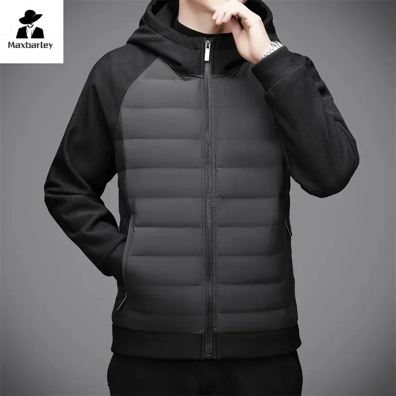 Jaket Down Musim Dingin Pria, mantel berkerudung tahan angin kasual olahraga putih hangat ringan merek mewah 2024