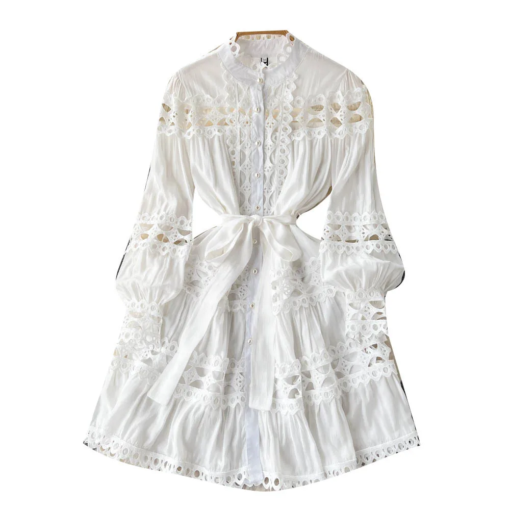 New style boho style standing collar hollowed out single breasted dress spring wear, women's lace up and hollowed out dress