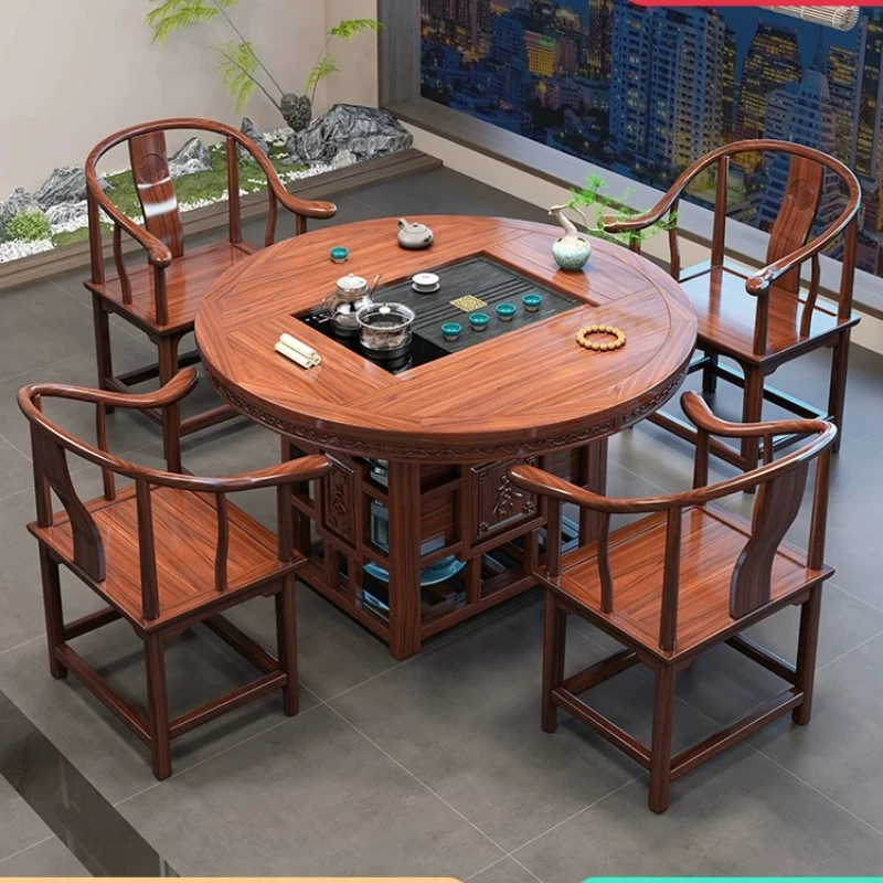 CX new Chinese-style round solid wood tea table and chair combination, one table and five chairs, tea table