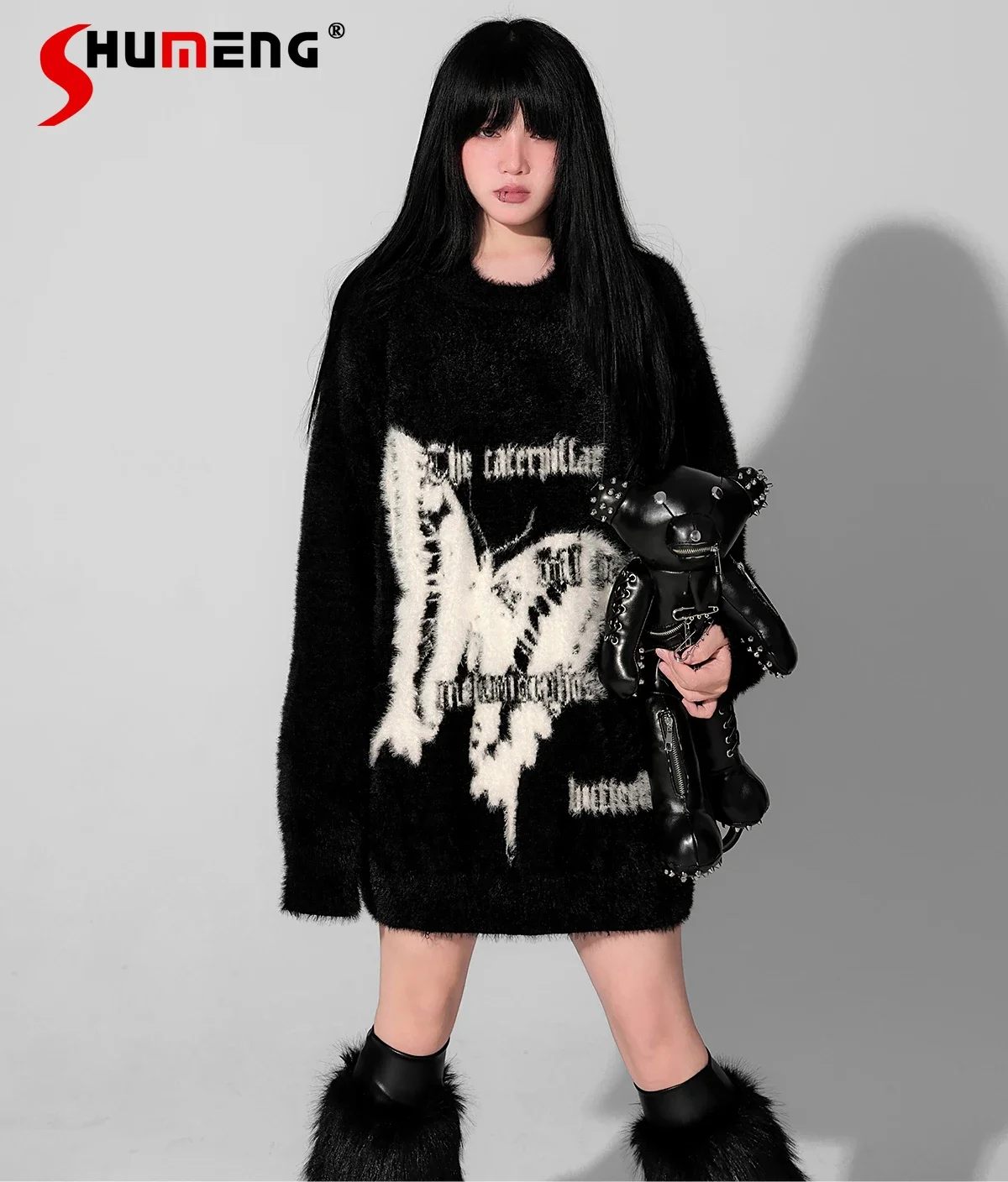 

Hot Girl Streetwear Fashion Punk Dark Butterfly Jacquard Black Loose Knitted Pullovers Women Autumn Harajuku Goth Sweaters Top